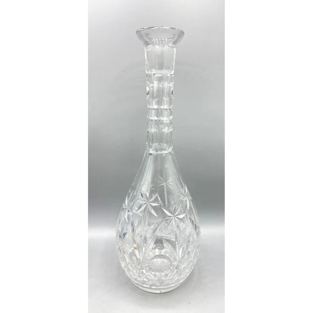 Vintage Cut Glass Decanter Starburst Diamond Pattern Clear Crystal Barware 12.5
